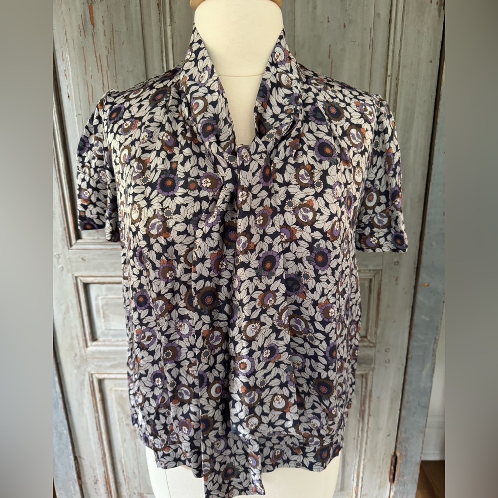 Shyde Floral Short Sleeve silk Blouse with tie US8